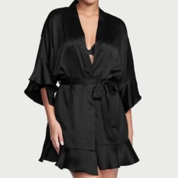 Victoria's Secret Black Satin Ruffled Robe size XS/S - Picture 1 of 9